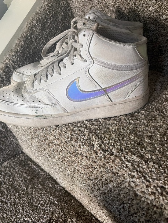 Nike Shoes - Nike White High-Top Sneakers with Iridescent Blue-Purple Swoosh